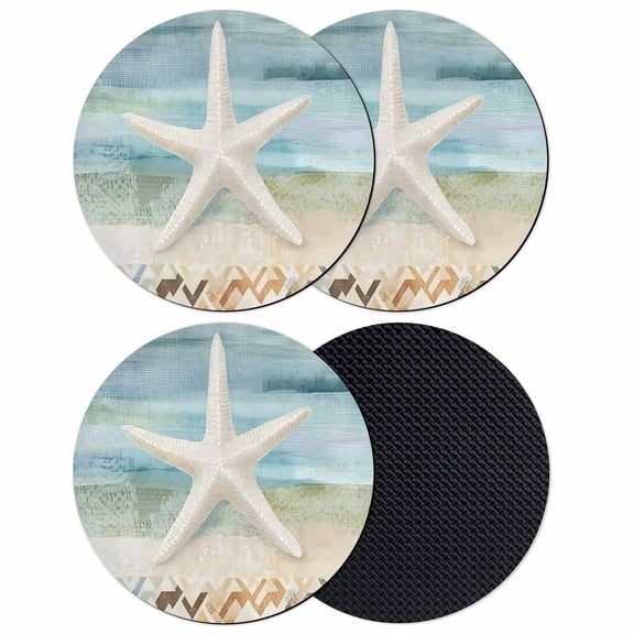 Coastal Beach Coasters Set of 4, Soft Absorbent Coasters for Drinks, Summer Retro Starfish Wave Non-Slip Cup Coaster Mat with Rubber Bottom for Home Kitchen Desk Coffee Bar Table Decor 4"