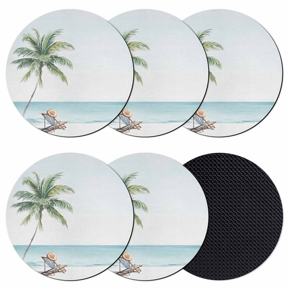 Coastal Beach Coasters Set of 6, Absorbent Coasters for Drinks, Summer Palm Tree Nautical Ocean Seaside Coaster for Desk Coffee Table Protection, Home Decor House Warming Gifts 4"