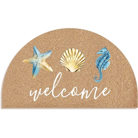 Coastal Beach Coco Coir Welcome Half Circle Door Mat for Home House Entrance, Summer Ocean Seashell Seahorse Starfish Coastal Beach Floor Mats for Outdoor Outside Entryway 30x17 Welcome Mat