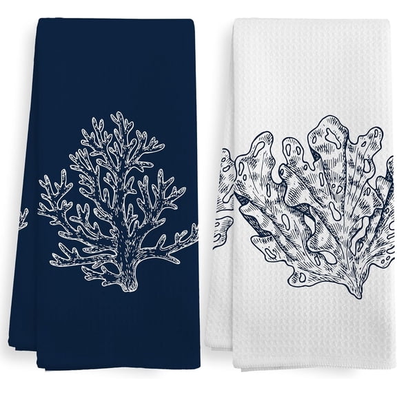 Coastal Beach Coral Summer Bathroom Hand Towels Sets of 2, Nautical Beachy Ocean Theme Bathroom Decor Accessories, Coastal Navy Blue Decor Kitchen Dish Tea Towels for Kitchen, 16x24 Inch