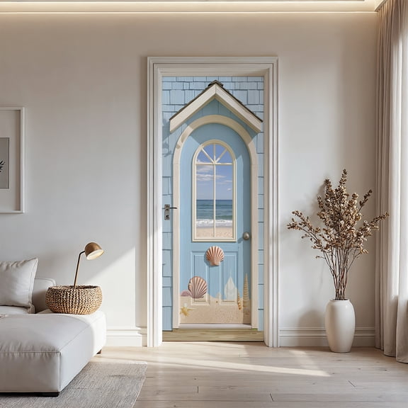 Coastal Beach Cottage Door Sticker Self-Adhesive PVC Nautical Style Decal for Bathroom Bedroom and Wall Decor Instantly Bring Vacation Vibes Home