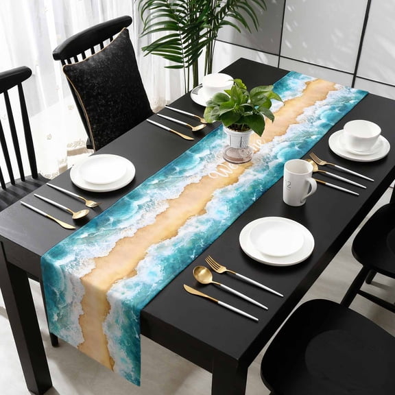 Coastal Beach Cotton Linen Long Table Runner 13 x 108 inch Modern Text Summer Ocean Wave Non-slip Rectangular Dining Table Decor for Wedding Party Holiday Dinner