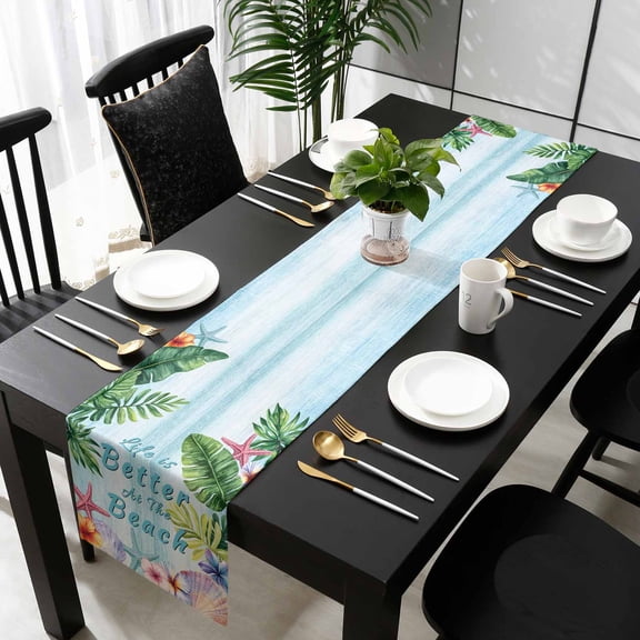 Coastal Beach Cotton Linen Small Table Runner 13 x 48 inch Summer Tropical Ocean Starfish Plants Non-slip Rectangular Dining Table Decor for Wedding Party Holiday Dinner