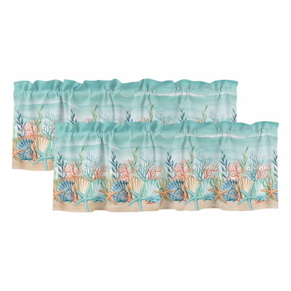 Coastal Beach Curtain Valances for Windows, Kitchen Valance Window Treatments Panel 2 Pack, Ocean Wave Summer Sea Starfish Coral Teal Beige Rod Pocket Short Curtains for Bathroom Bedroom 42 x 12 Inch