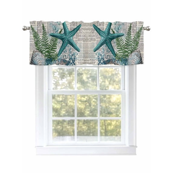 Coastal Beach Curtain Valances for Windows, Vintage Ocean Starfish Conch Pine Leaf Kitchen Valance Window Treatment, Light Filtering Block Curtains for Bathroom/Bedroom/Living Room 42'' x 12''