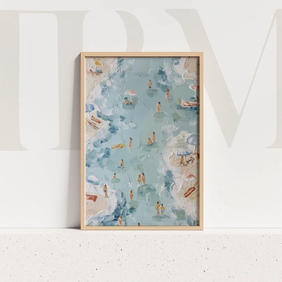 Coastal Beach Day Print Pastel Swimmers Umbrellas Wall Art Ocean Decor Summer Illustration Home Decor #404, Unframed Poster Size 8x12