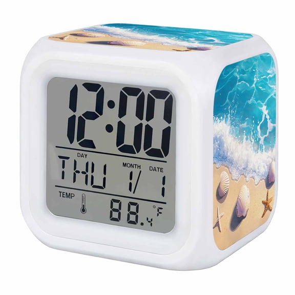 Coastal Beach Digital Alarm Clock for Bedrooms,Smart LED Alarm Clock with 7 Color Changing Night Light,Nautical Ocean Starfish Shells Sea Waves Silent Wake Up Clocks for Sleep Study Cooking 3.2"x3.2"