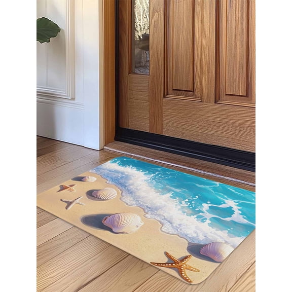 Coastal Beach Door Mat Indoor Outdoor Entrance,Non Slip Small Rug for Kitchen Bathroom Entryway Rug,Nautical Ocean Starfish Shells Sea Waves Washable Doormat Floor Mat for Office Home 16x24 Inch