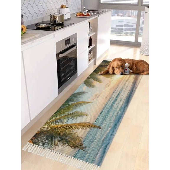Coastal Beach Entryway Runner Rug 2x4ft,Summer Tropical Palm Trees Ocean Washable Woven Living Room Hallway Bedroom Kitchen Carpet with Tassels,Indoor Outdoor Throw Door Mat for Entryway