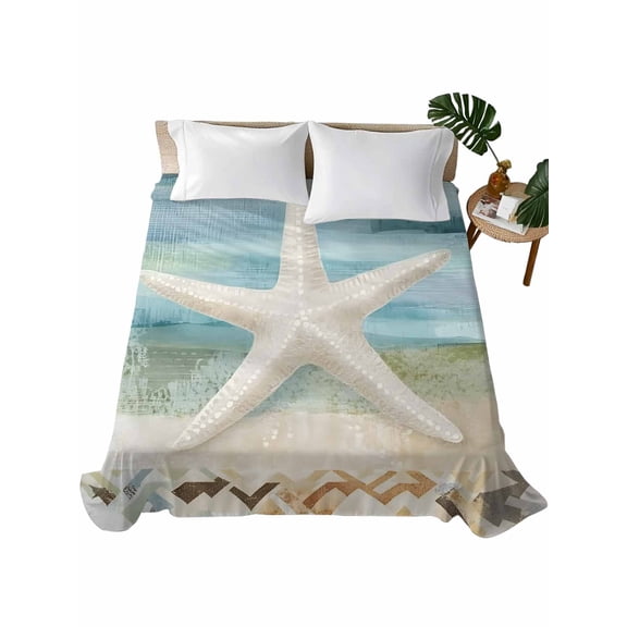 Coastal Beach Flat Sheets Only Queen Size, Soft Breathable Bed Top Sheets for Mattress, Summer Retro Starfish Wave Luxury Bedding Flat Sheets for Home Hotel Bedroom Bed Protection