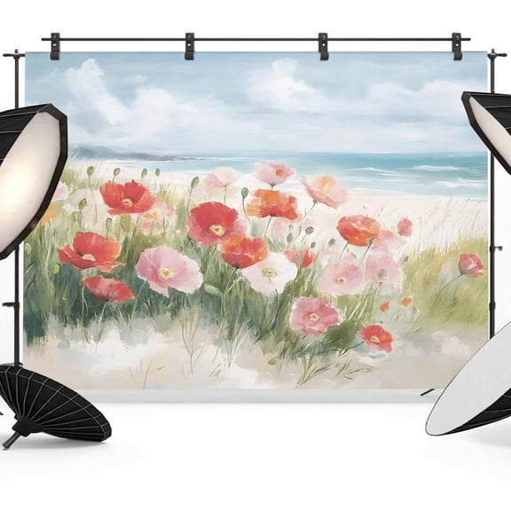 Coastal Beach Floral Backdrop for Photoshoot,Photography Photo Studio Background Wall Backdrop,Spring Summer Oil Painting Ocean Wave Flower Back Drop Banner Panel for Portraits Wedding Party 10x8Ft