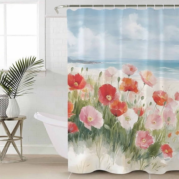 Coastal Beach Floral Small Stall Shower Curtain, Waterproof Shower Curtains for Bathroom, Spring Summer Oil Painting Ocean Wave Flower Washable Fabric Cloth Bath Curtain with Hooks 36x78 Inches
