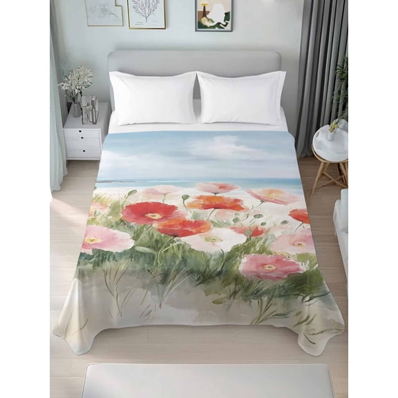 Coastal Beach Floral Twim Size Flat Sheet, Wrinkleproof & Fadeproof Cooling Flat Bed Sheet Only, Spring Summer Oil Painting Ocean Wave Flower Breathable Soft Bedding Top Sheets 66 x 96 Inches