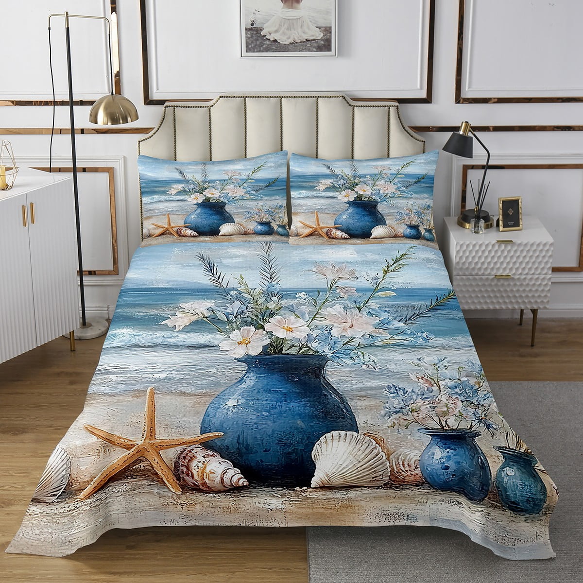 Coastal Beach Flower Queen Quilt Set,Blue Ocean Sea Floral Bedding Set ...