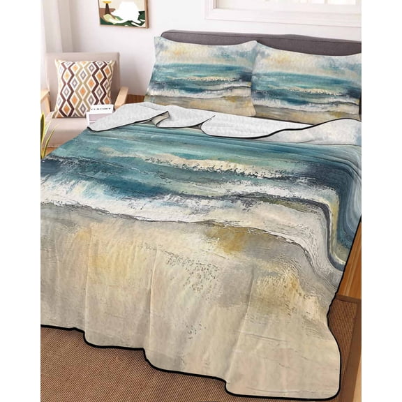 Coastal Beach Full Size Down Alternative Comforter, Lightweight Comforter Quilt Bedding Set with Pillow Shams Abstract Oil Painting Ocean Wave All Seasons Bed Comforter Duvet Insert 78"x90"