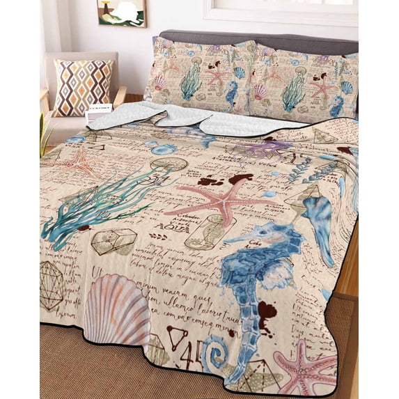 Coastal Beach Full Size Down Alternative Comforter, Lightweight Comforter Quilt Bedding Set with Pillow Shams Nautical Summer Ocean Starfish Coral All Seasons Bed Comforter Duvet Insert 78"x90"