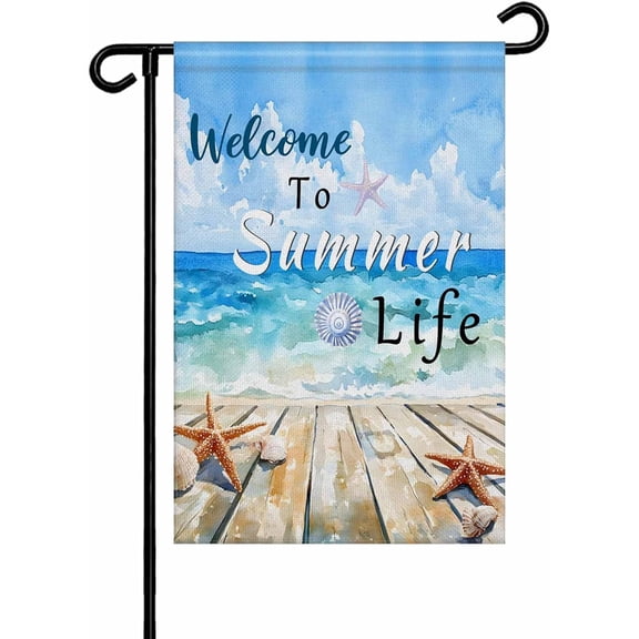 Coastal Beach Garden Flag 12x18 Double Sided Summer Ocean Wave Starfish Shell Plank Design Welcome Yard Banner for House Patio Lawn Seasonal Outdoor Decor