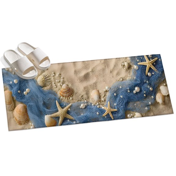 Coastal Beach Hallway Runner Rug 2x6 Washable Non Slip Kitchen Runner Rug for Bedside Bathroom Summer Nautical Blue Fishing Net Conch Indoor Floor Carpet Area Rugs for Living Room Bedroom Office