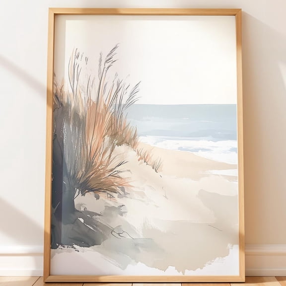 Coastal Beach House Wall Art Loose Gouache Wild Shoreline Breezy Dune Scene Neutral Minimalist Decor Serene Art, Unframed Poster