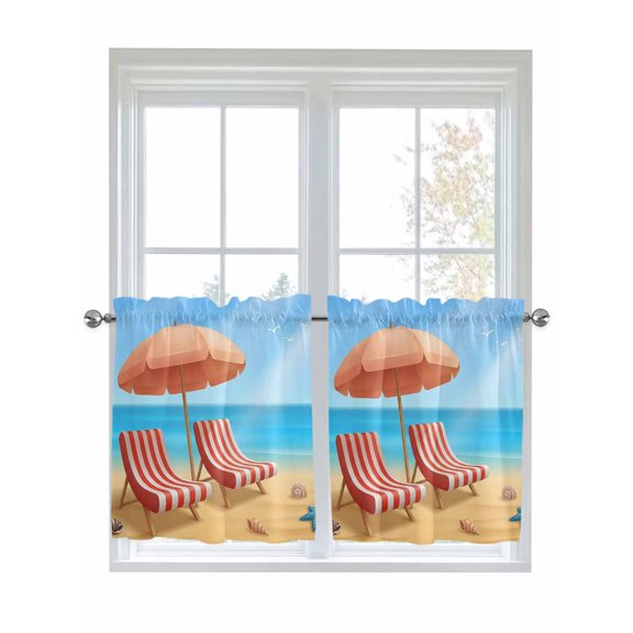 Coastal Beach Kitchen Curtains Tier 24 Inch Length, Cartoon Summer Ocean Vacation Sky Blue Waves Rod Pocket Light Filter Window Curtains Living Room Bedroom Curtain Drapes Cafe Curtain 27.5''x24''x2