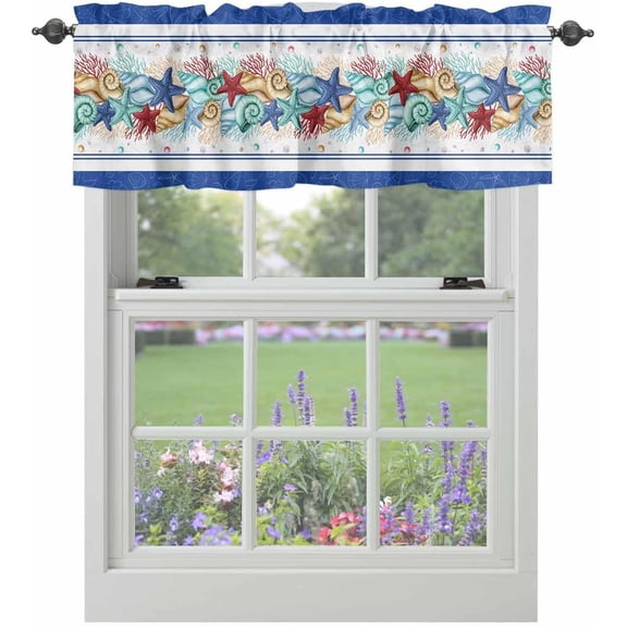 Coastal Beach Kitchen Curtains Valances for Windows Nautical Ocean Seashell Coral Starfish Rod Pocket Window Treatment for Kitchen/Living Room/Bedroom/Bathroom, 54" X 18", Blue Teal Summer