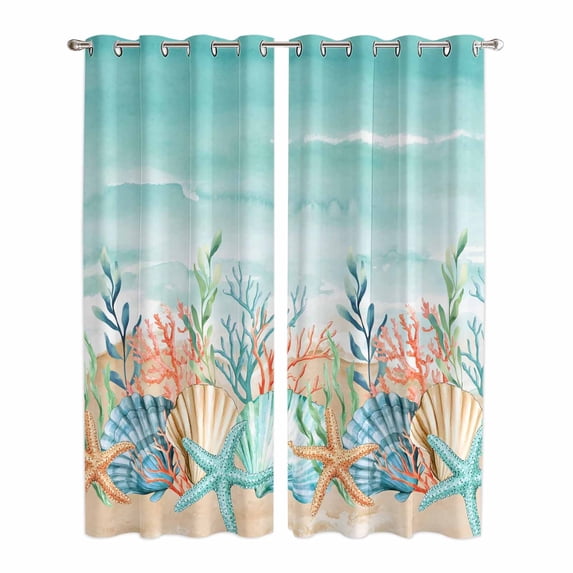 Coastal Beach Kitchen Curtains Window Panels, Ocean Wave Summer Sea Starfish Coral Teal Beige Insulated Window Treatment Curtain, Grommet Curtains for Bedroom/Living Room/Bathroom, 2 Piece 42"Wx84"L