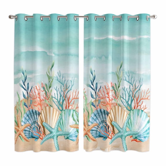 Coastal Beach Kitchen Curtains Window Panels, Ocean Wave Summer Sea Starfish Coral Teal Beige Insulated Window Treatment Curtain, Grommet Curtains for Bedroom/Living Room/Bathroom, 2 Piece 52"Wx84"L
