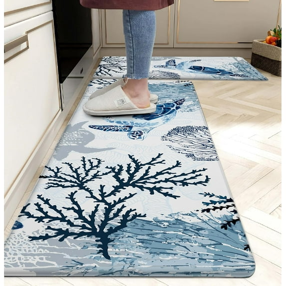 Coastal Beach Kitchen Floor Mat Rugs Nautical Decorative Coral Sea Turtle Kitchen Rugs Anti Fatigue Mats Non-Slip Comfort Standing Cushioned for Kitchen 17.3" 28" + 17.3" x 47" Set 2 Pcs Navy Blue