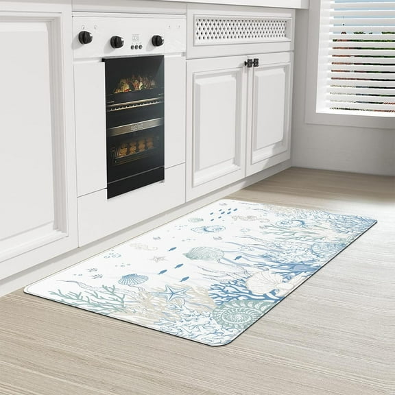 Coastal Beach Kitchen Mat,18 * 30 Inches Anti Fatigue Kitchen Rugs, Non Slip Cushioned Floor Mats for Kitchen Home Office, Blue