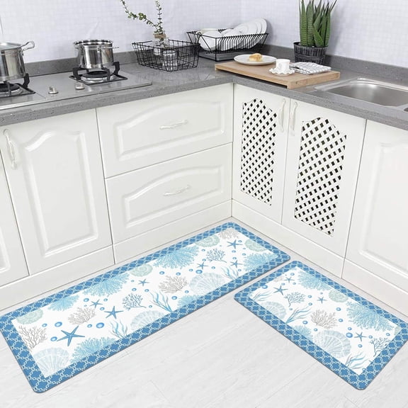 Coastal Beach Kitchen Mat, 2 PCS Inches Anti Fatigue Kitchen Rugs, Non-Slip Cushioned Floor Mats for Kitchen Home Office, Blue,18 * 30+18 * 48 Inches