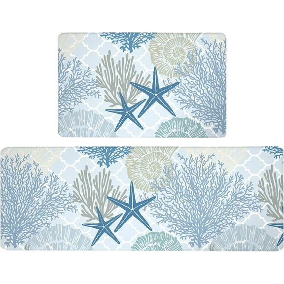 Coastal Beach Kitchen Mat Rugs Set 2 Pcs Anti Fatigue Mats for Kitchen Floor Ocean Theme Waterproof Non-Slip Standing Mat PVC Nautical Cushioned Mat, Coral & Starfish Design(17.3" x 28" + 17.3" x 47"