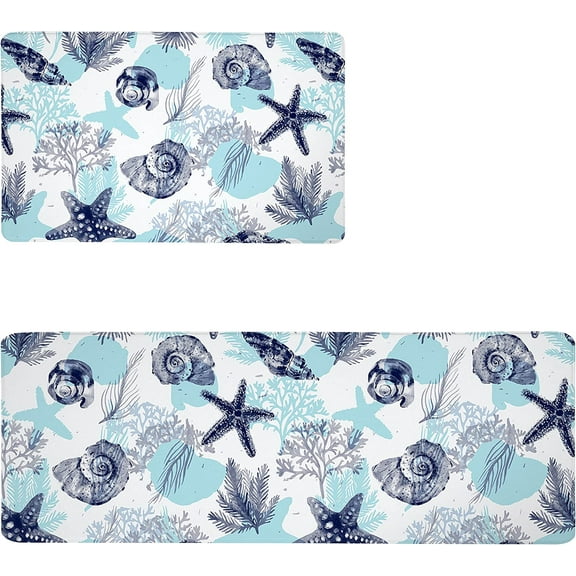 Coastal Beach Kitchen Rug Set of 2 Anti Fatigue Ocean Theme Kitchen Rugs Floor Comfort Mats Waterproof Non Slip Farmhouse Standing Mat for Kitchen Office, Sink, Laundry, Blue