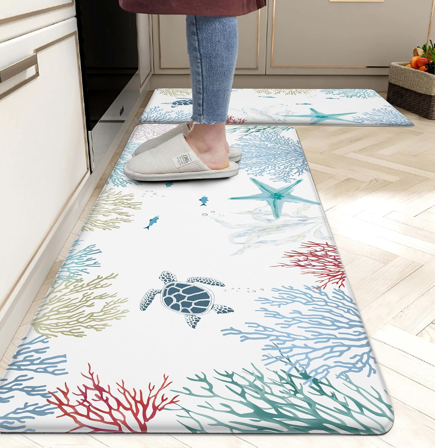 Coastal Beach Kitchen Rugs Set of 2 Anti Fatigue Kitchen Mat Blue ...