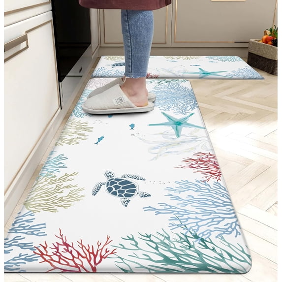 Coastal Beach Kitchen Rugs Set of 2 Anti Fatigue Kitchen Mat Blue Turtle Kitchen Mats For Floor Non Slip Waterproof Comfort Memory Foam Standing Mat for Office Laundry, 17.3x28+17.3x 47 inch
