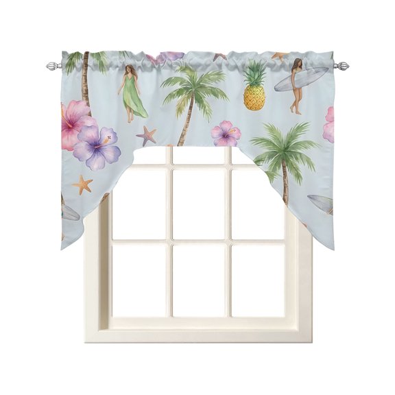 Coastal Beach Kitchen Swag Valances for Windows, Summer Tropical Vacation Palm Trees Surfing Swag Valances Curtains for Living Room, Rod Pocket Window Treatments for Bathroom, Bedroom, Cafe, 56"x36"