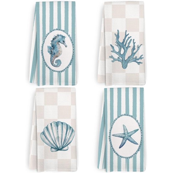 Coastal Beach Kitchen Towels and Dishcloths Set of 4, Beachy Striped Checkered Dish Towels, Seahorse Coral Seashell Starfish Decorative Hand Tea Towel for Bathroom Kitchen, 16x24 Inch