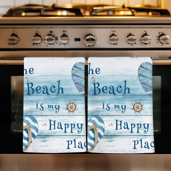 Coastal Beach Kitchen Towels Set of 3, Ocean Nautical Starfish Blue Grey Wooden Grain Absorbent Dish Towels for Kitchen, Microfiber Hand Towel, Quick Drying Tea Towel for Cleaning Dishcloths