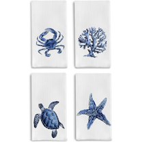 Coastal Beach Kitchen Towels Set of 4 - Beach Dish Towels for Kitchen, Beach Bathroom Kitchen Decor, Watercolor Crab Coral Sea Turtle Starfish Decorative Hand Towels for Bathroom, 18x26 Inches