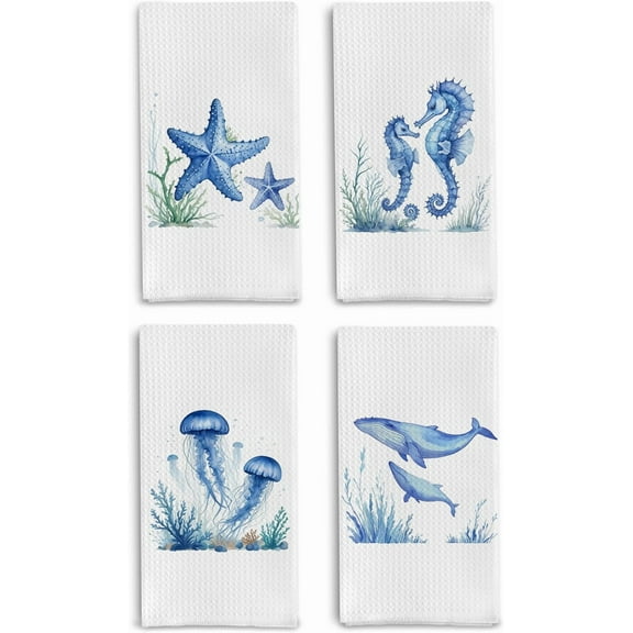 Coastal Beach Kitchen Towels Set of 4, Ocean Starfish Sea Horse Jellyfish Shark Decorative Hand Towels for Kids Bathroom Decor, Nautical Dish Towels, Coastal Kitchen Decor, 18x26 Inch