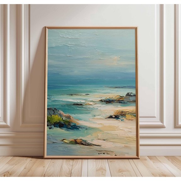 Coastal Beach Landscape Poster, Textured Ocean Shore Wall Art Print, Tranquil Blue Seascape Painting, Modern Coastal Decor, Poster Only