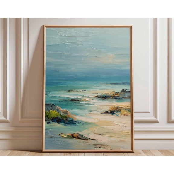 Coastal Beach Landscape Textured Ocean Shore Tranquil Blue Seascape Wall Art Print, Unframed Paper Poster 24x36in