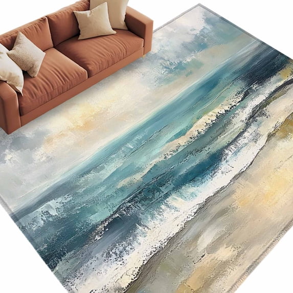 Coastal Beach Large Area Rugs for Bedroom Living Room, Soft Non Slip Carpet Bedside Rug, Abstract Oil Painting Ocean Wave Rectangular Floor Cover Kitchen Accent Rug 6'x9' for Dining Room/Office