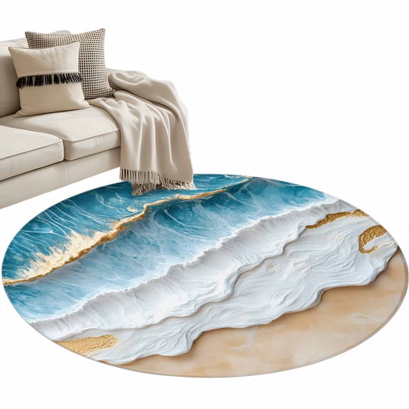 Coastal Beach Large Area Rugs for Bedroom Living Room, Soft Non Slip Carpet Bedside Rug, Nautical Ocean Blue Beige Seaside Round Floor Cover Kitchen Accent Rug 3' for Dining Room/Office