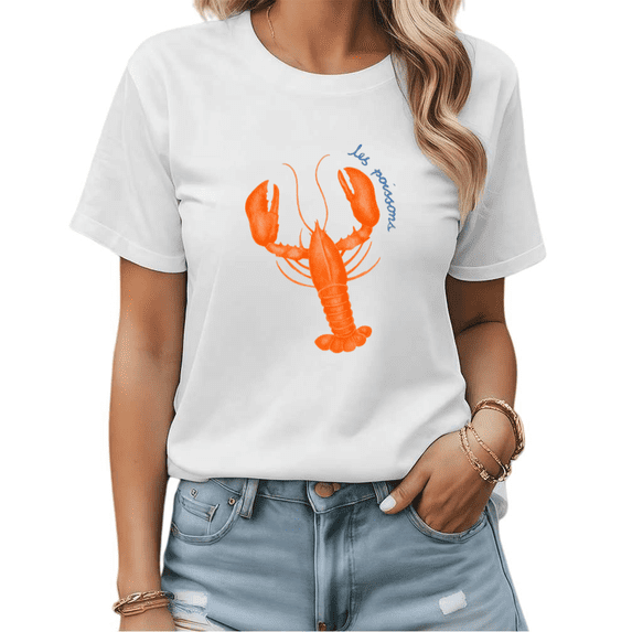 Coastal Beach Lobster Les Poissons Graphic Tees Womans T-shirt Shirts Black White S-5XL Tops