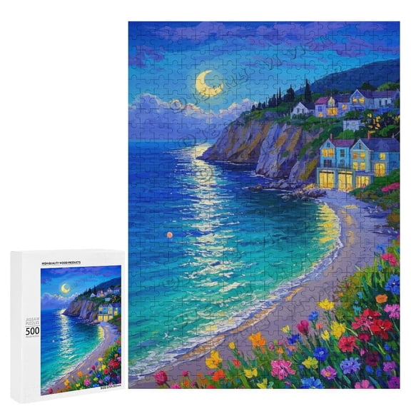 Coastal Beach Night Puzzle – 500 Pieces | Premium Wooden Jigsaw Puzzle for Adults | Scenic Artwork of Moonlit Shoreline | Precision Fit | Fun & Relaxing Game Night Challenge | 21" x 15"
