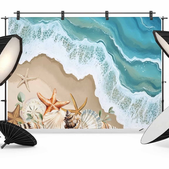 Coastal Beach Ocean Backdrop for Photoshoot,Photography Photo Studio Background Wall Backdrop,Nautical Starfish Shells Conch Back Drop Banner Panel for Portraits Wedding Party Live Streaming 7x5Ft