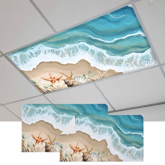 Coastal Beach Ocean Fluorescent Light Covers, Nautical Starfish Shells Conch Magnetic Light Covers for Ceiling Lights, Fluorescent Ceiling Shade Filters for Classroom Bedroom Office 4x2Ft x 2PCS