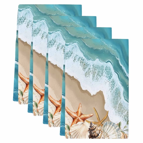 Coastal Beach Ocean Kitchen Towels Set of 4, Absorbent Microfiber Dish Tea Towels with Hanging Loop, Nautical Starfish Shells Conch Resuable Hand Towel for Home Kitchen Cooking Cleaning 18"x28"
