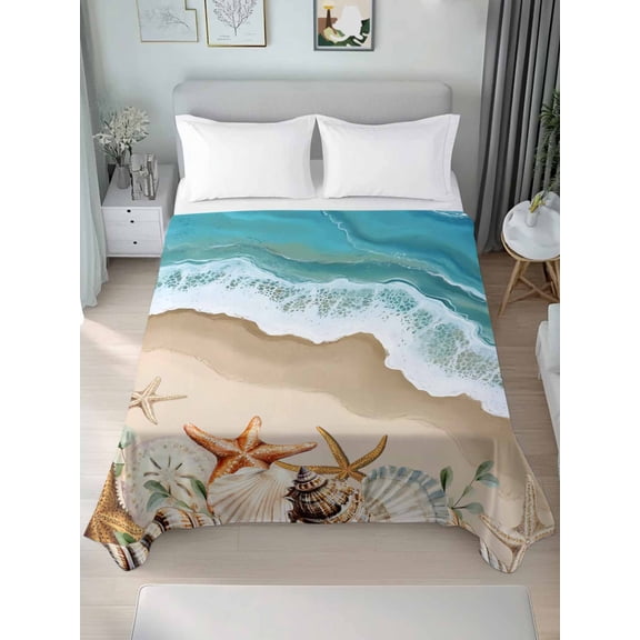 Coastal Beach Ocean Queen Size Flat Sheet, Wrinkleproof & Fadeproof Cooling Flat Bed Sheet Only, Nautical Starfish Shells Conch Breathable Soft Bedding Top Sheets 90 x 102 Inches