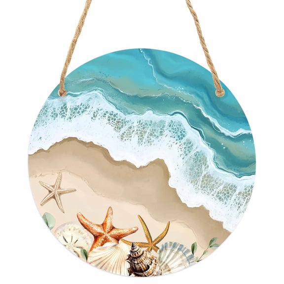 Coastal Beach Ocean Round Front Door Welcome Sign, 5.9 Inch Wall Hanging Decor for Indoor Outdoor, Nautical Starfish Shells Conch Home Porch Hanger Decorations for Holiday Gift